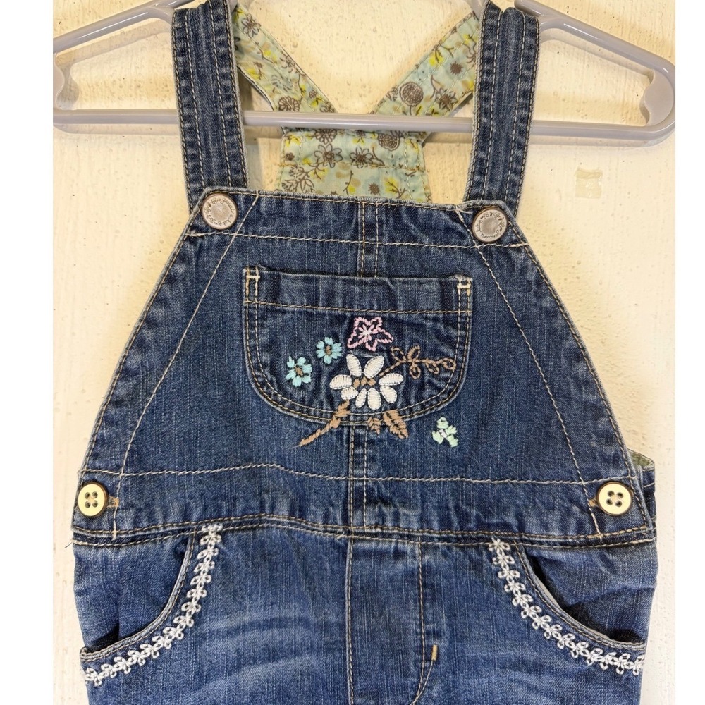 OshKosh Bgosh Baby Girls Denim Overalls Floral Embroidery Lace Trim 9M Y2K